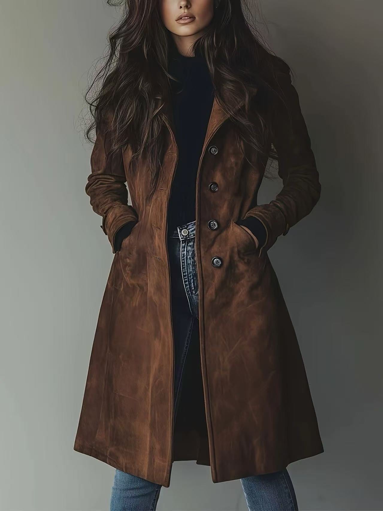 Women's Lapel Western Style Suede Long Trench Coats