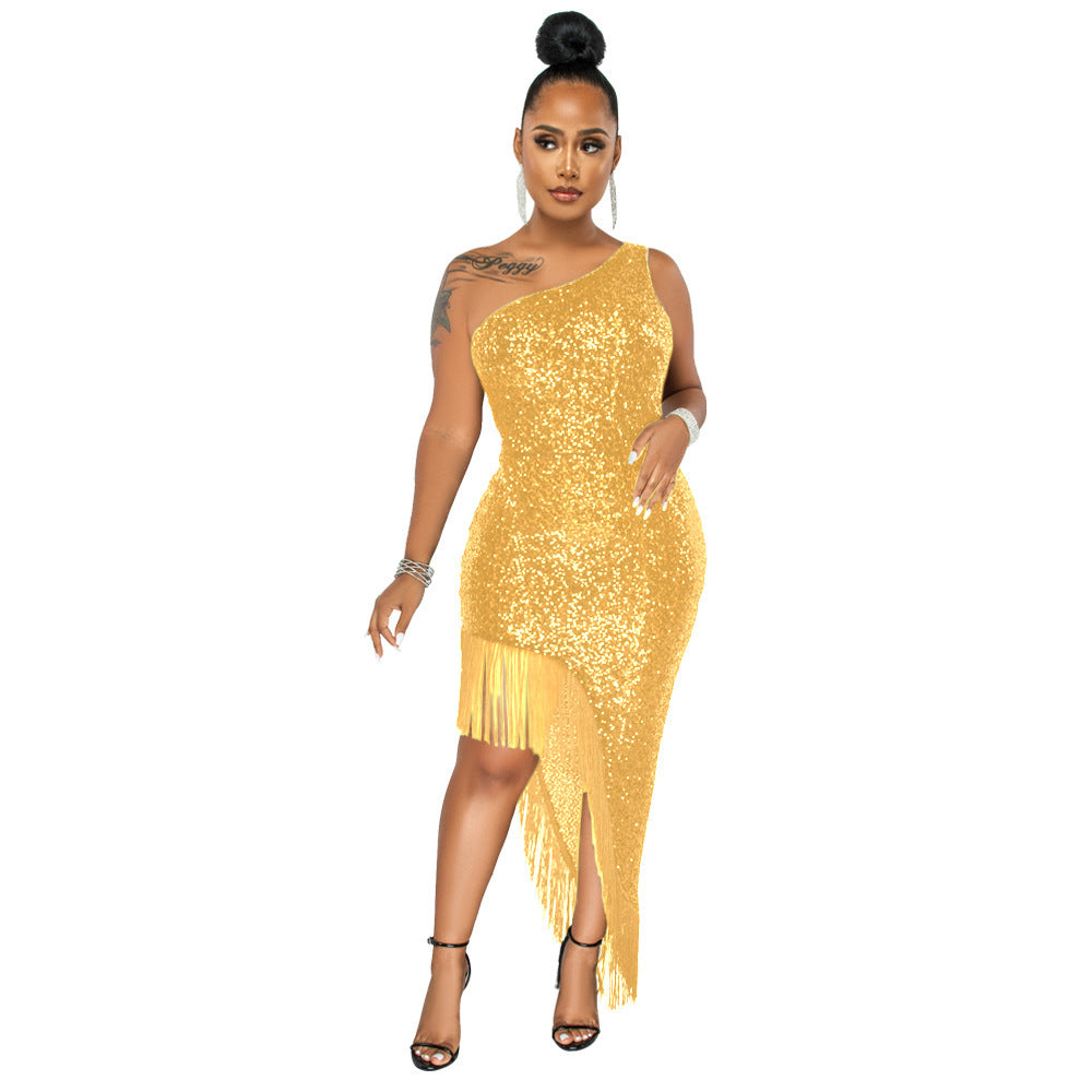 Women's Fashion One Shoulder Irregular Sequin Sequined Dress