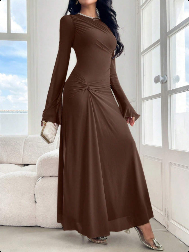 Flared Sleeves Tight Waist Pinch Pleated Slim Fit Solid Color Dress