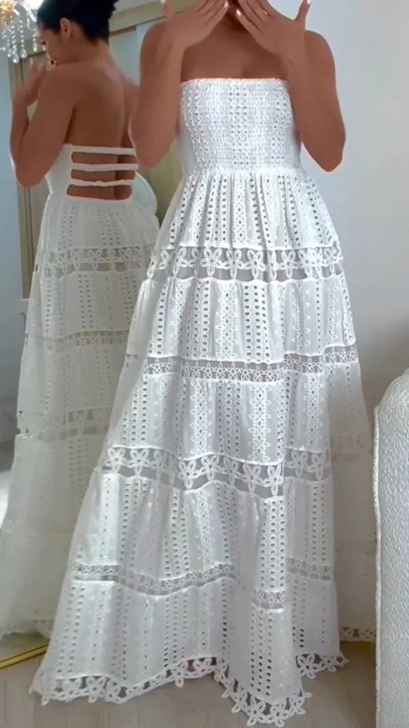 Summer Lace Stitching Tube Embroidered Backless Tops