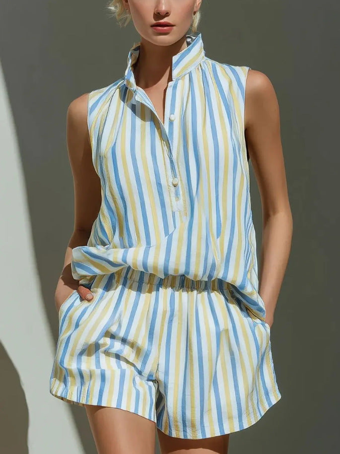 Women's Stand Collar Striped Shirt Elastic Wide Leg Fashion Casual Suit
