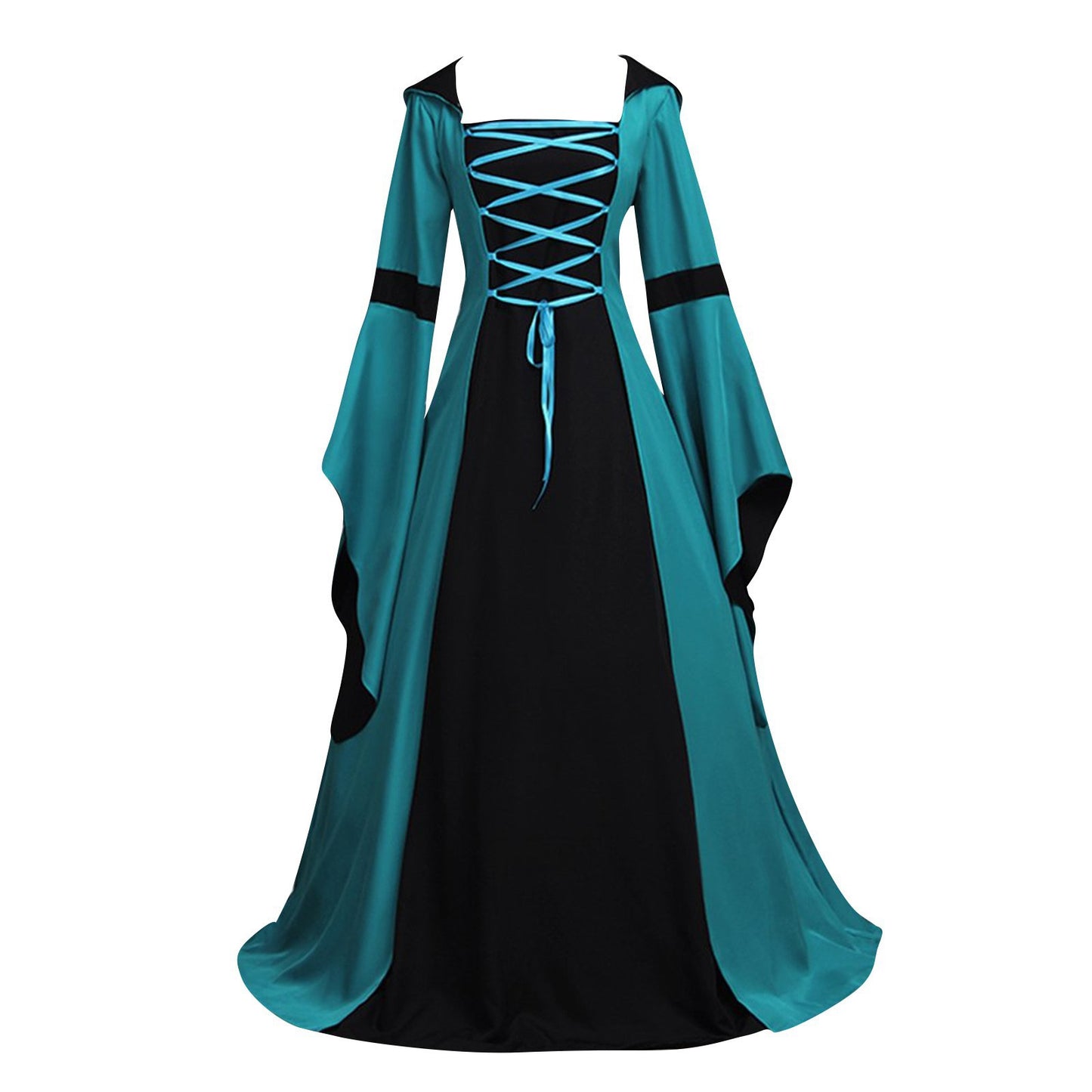 Retro Hooded Square Collar Lace Up Bell Sleeve Large Swing Dress