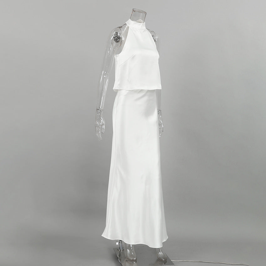 Acetate Satin White Sleeveless Halter Fishtail Suits
