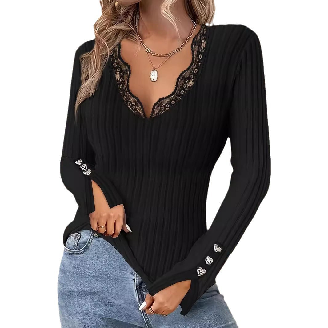 Women's Lace Stitching Fastener Decoration Long-sleeved Women's Sweater