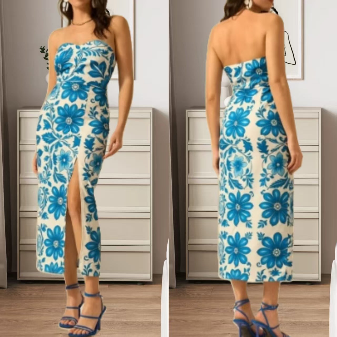 Stylish Summer Printed Chest Wrap Slit Dress