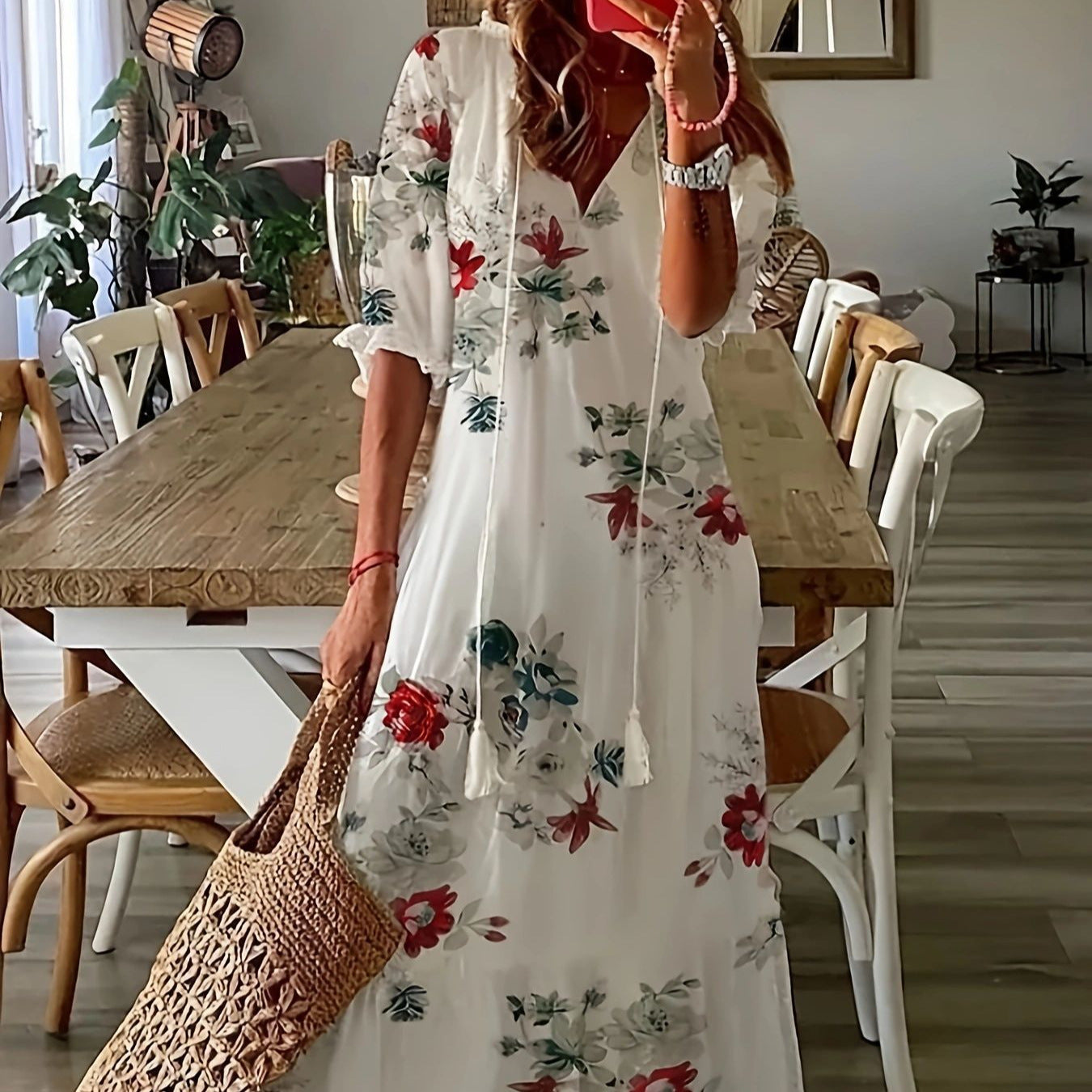 Vacation Style Flowers Summer Half Sleeves Leisure Dress
