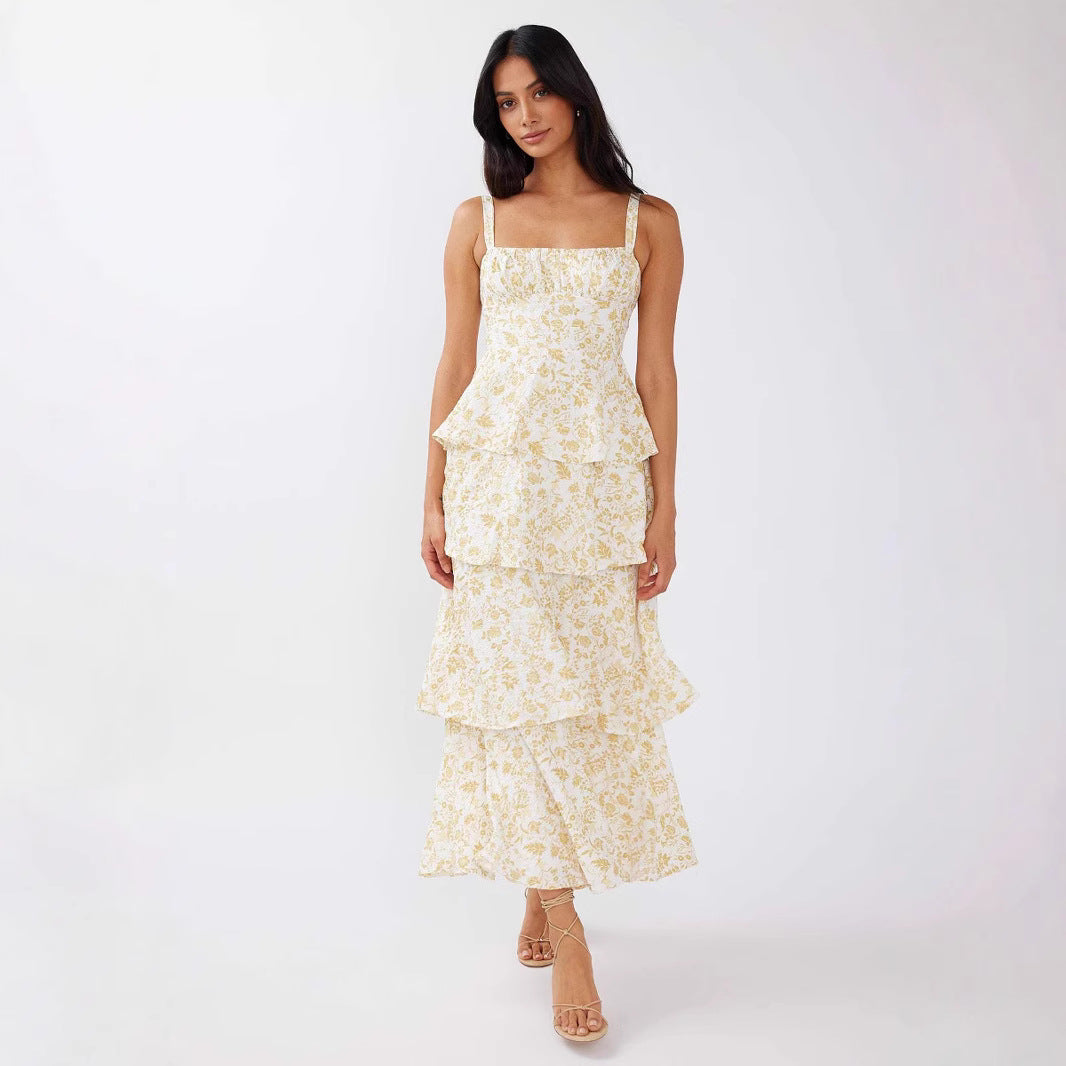 Women's Waist Trimming Spaghetti Straps Printed Long Dresses