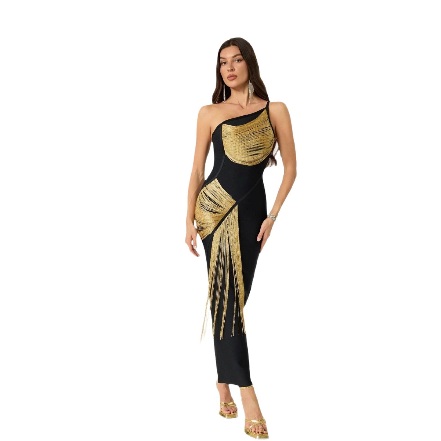 Women's Black Slant Shoulder Bandage One-piece Sleeveless Dress
