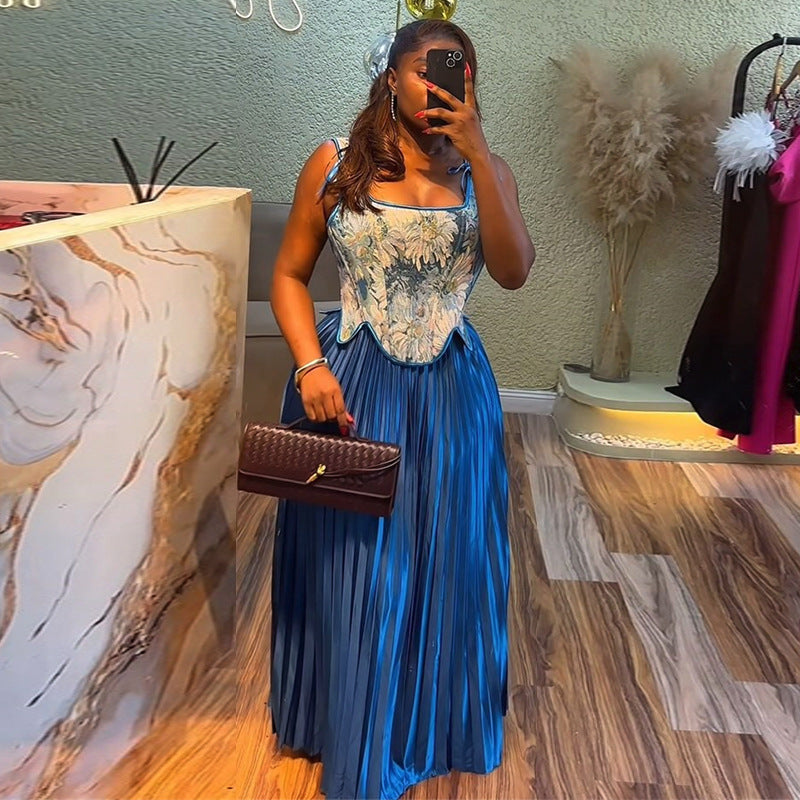 Women's Fresh Printed High Waist Pleated Two-piece Suits