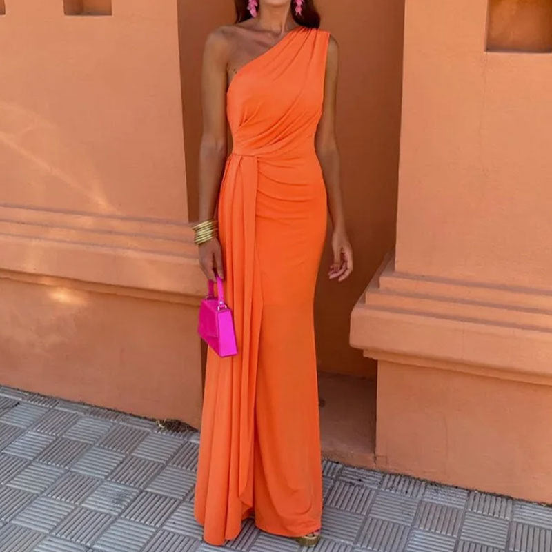 Women's Color Sexy Sleeveless Diagonal Collar Banquet Dresses