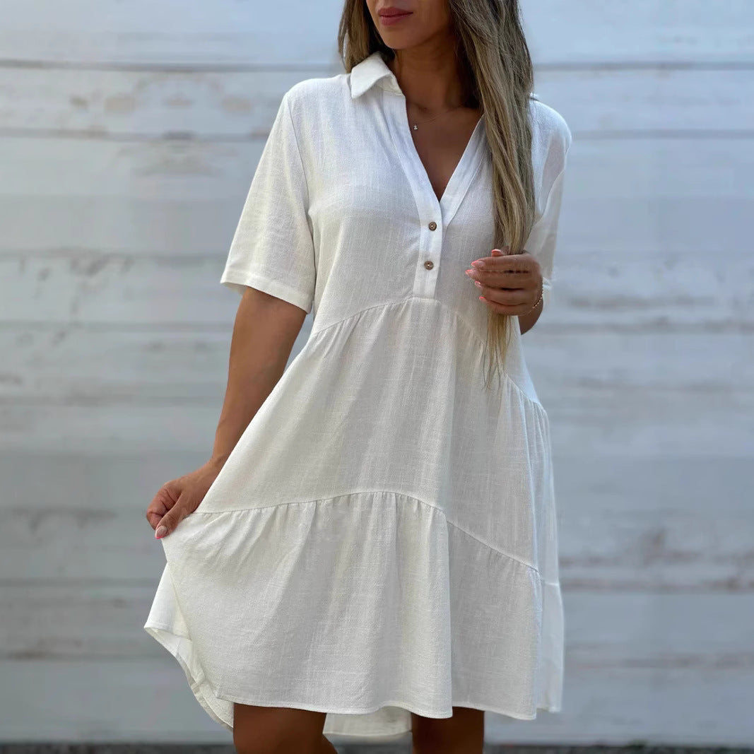 Women's Loose Solid Color Polo Collar Casual Sleeve Dress