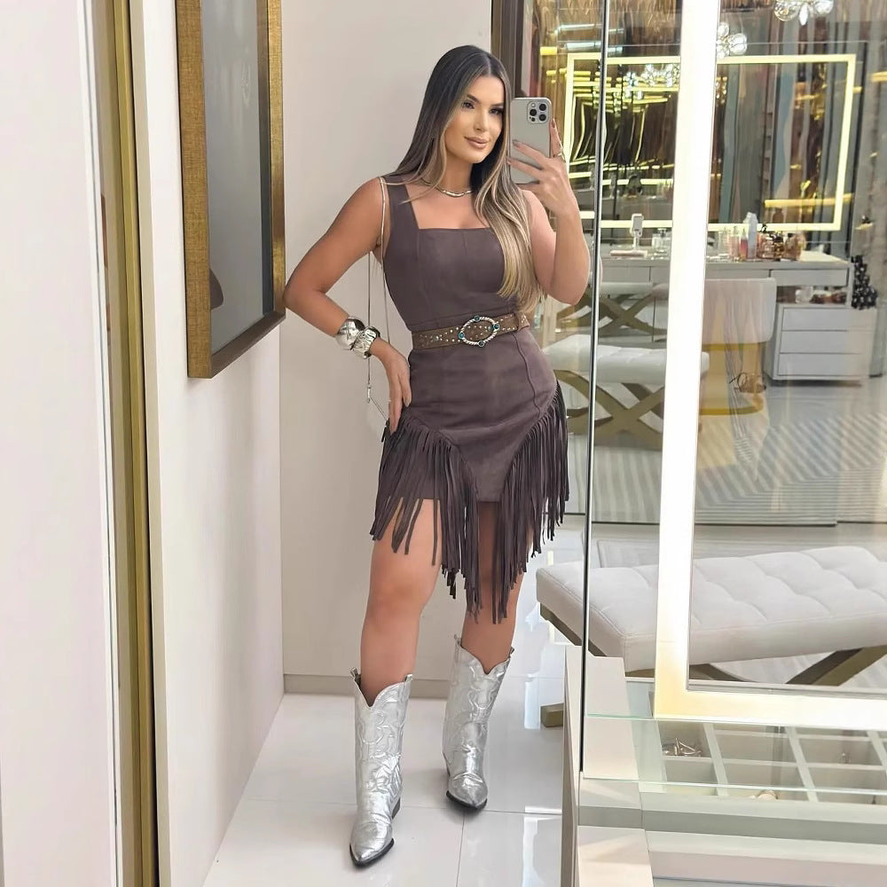Women's Square Collar Sling Tassel Dress Without Dresses