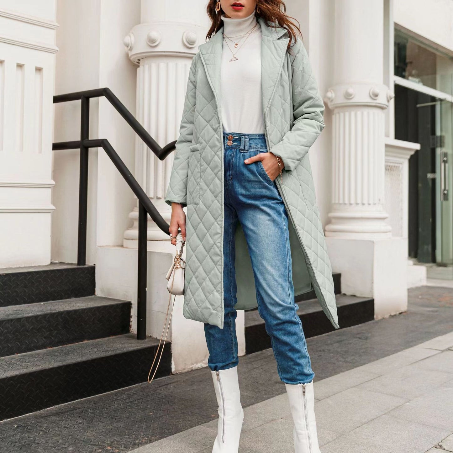 Women's Fashion Polo Collar Clothes Mid-length Belt Coats