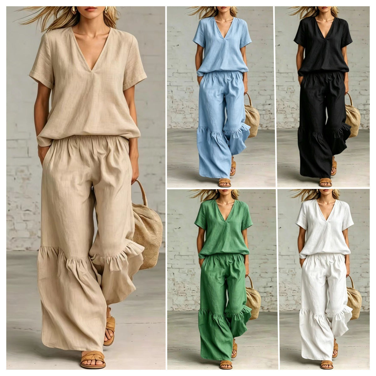 Women's Solid Color Loose Short-sleeved Trousers Two-piece Fashion Casual Suit