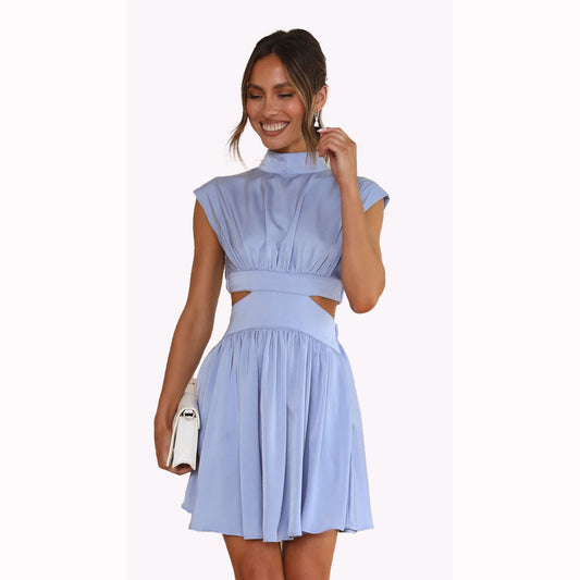 Color Sweet Summer Style Tight Waist Stand Collar Midriff Dresses