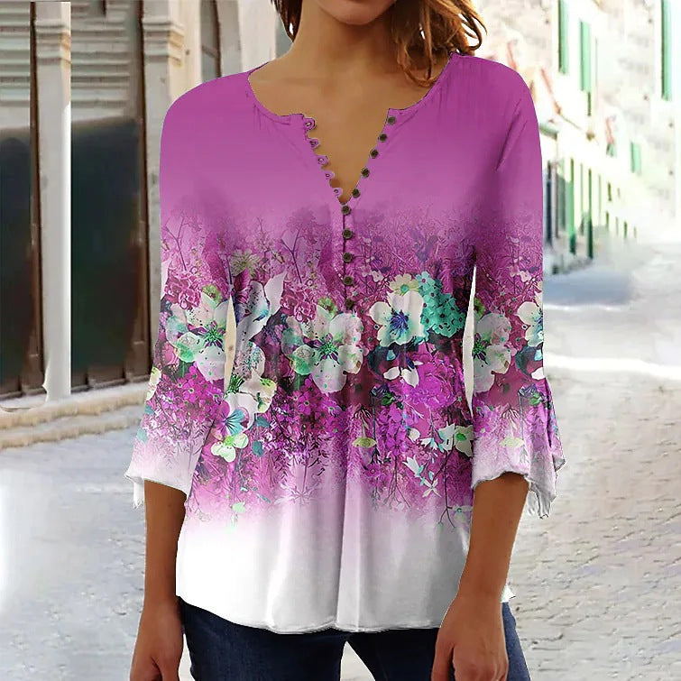 Women's Digital Printing Button T-shirt Flared Sleeves Clothing