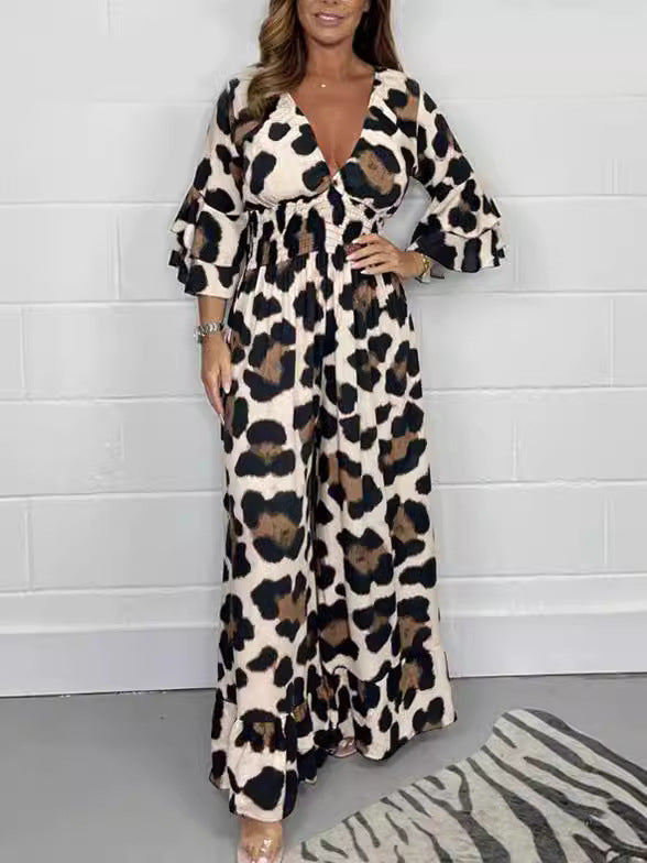 Women's Fashion Leopard Print Printed Casual Elastic Jumpsuits