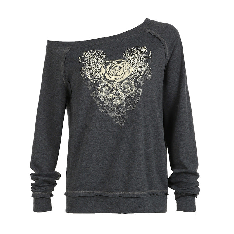 Women's Dark Retro Printed Shoulder Loose Pullover American Blouses