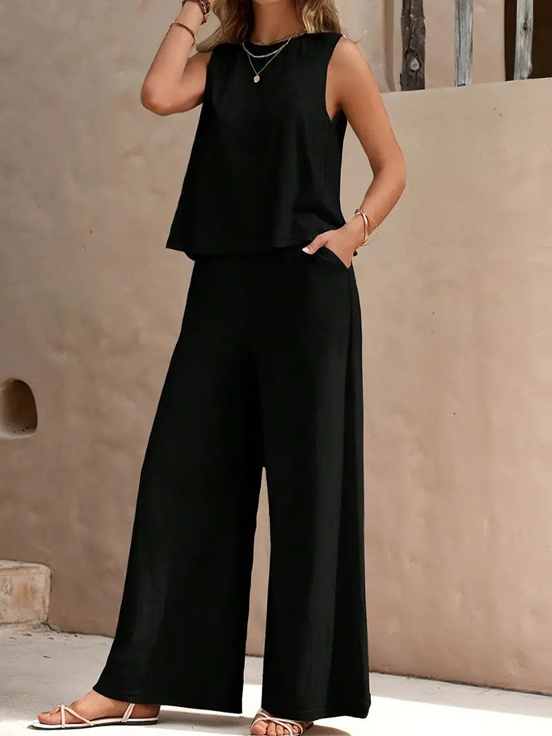 Women's Round Neck Wide Leg Cotton Linen Fashion Casual Suit