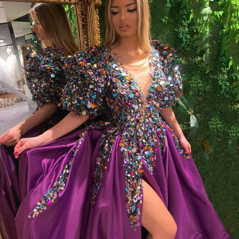 Women's Spring Floral Dress Sequined Large Slit Wedding Dresses