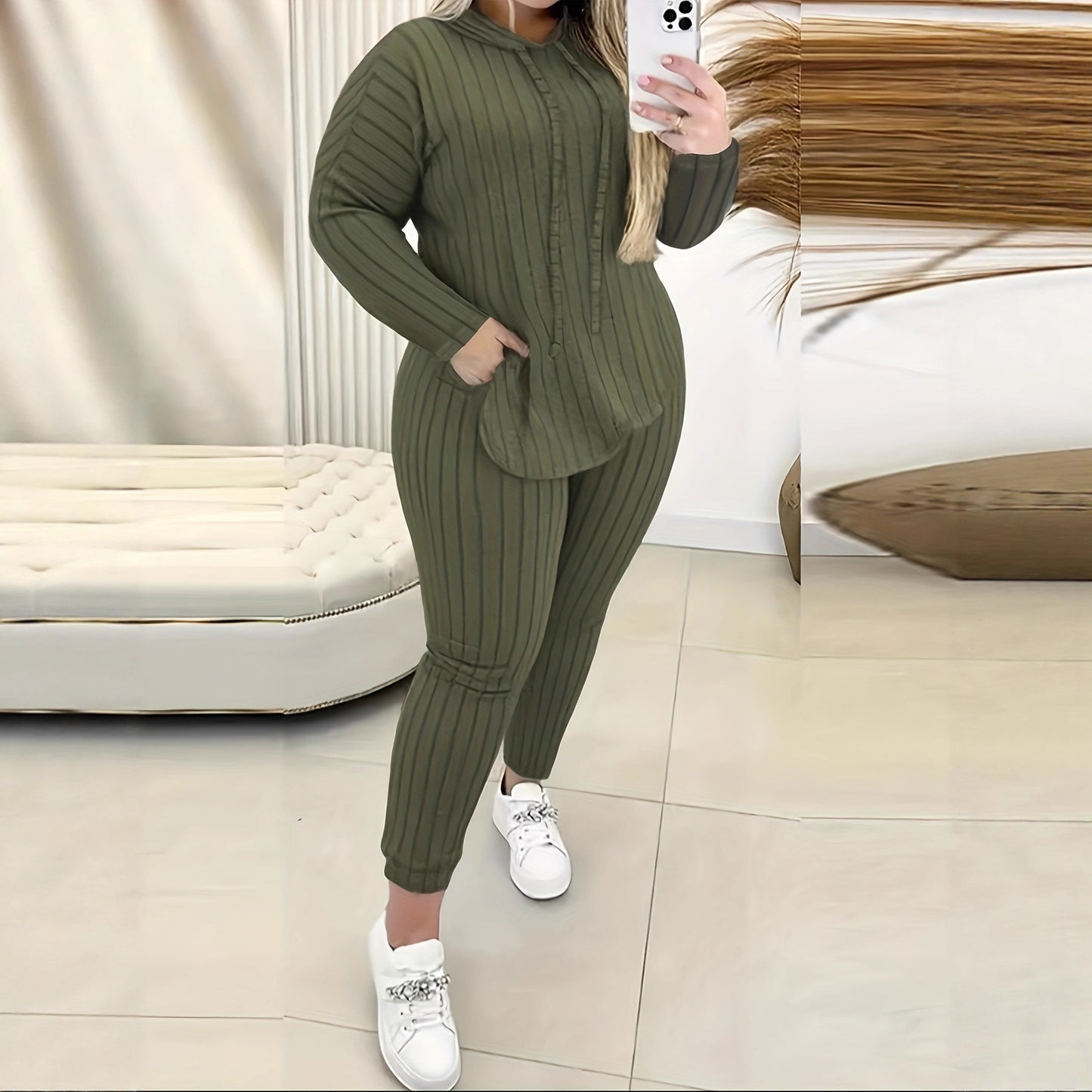Women's Hooded Drawstring Long Sleeve Sweatshirt Fashion Casual Suit