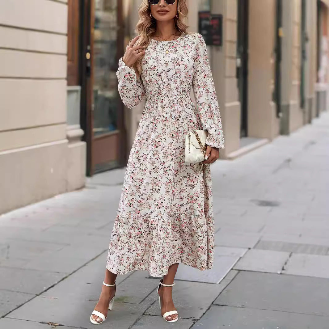 Women's Printed Round Neck Long Sleeve Ruffled Dress