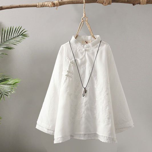 Women's Button Ramie Cotton Shirt Spring Style Zen Tea Gown Blouses