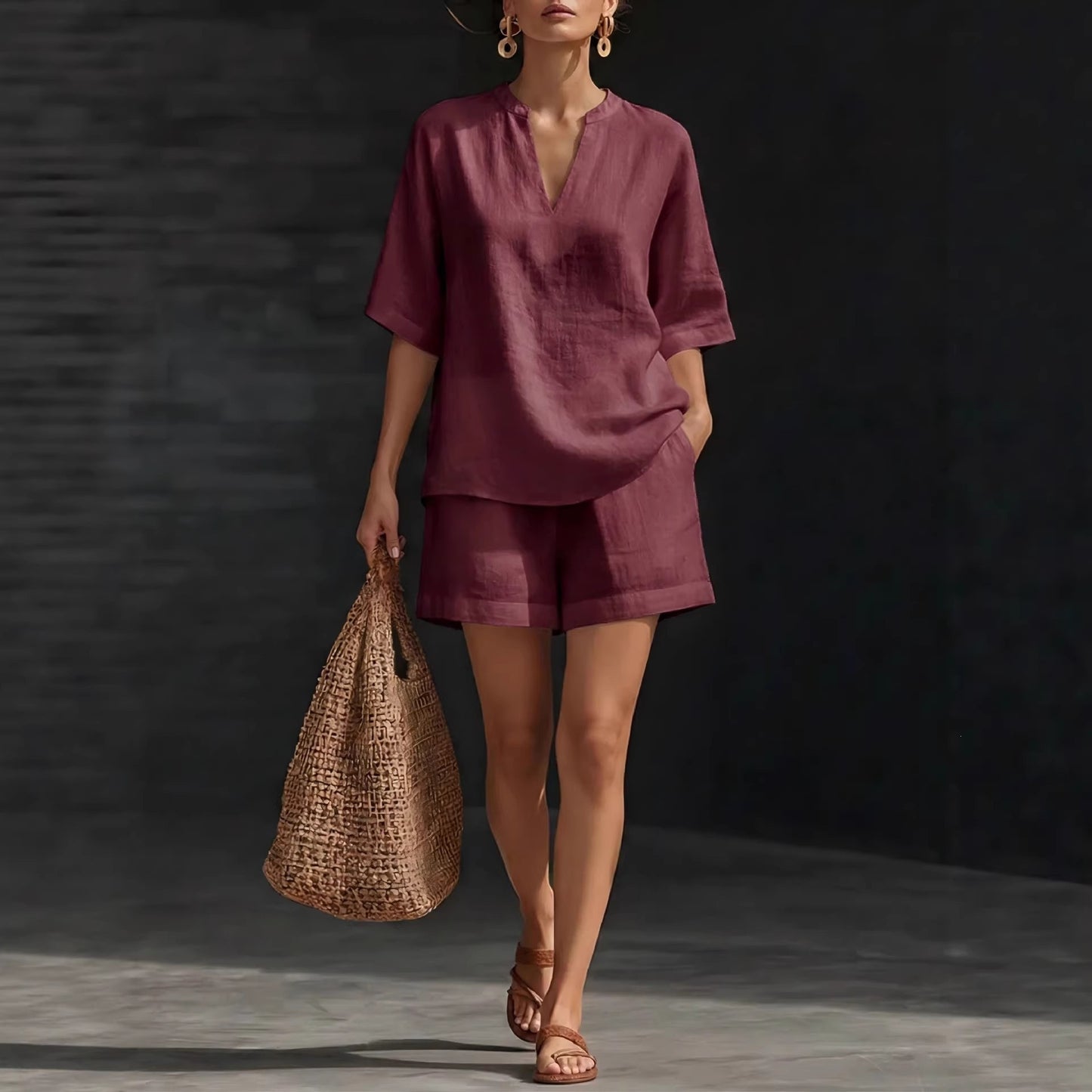Women's Solid Color Cotton Linen Two-piece Set Fashion Casual Suit