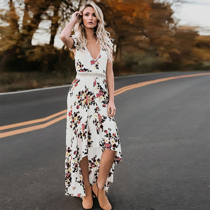 Women's Sleeveless Printed Floral Large Swing Irregular Dovetail Dress