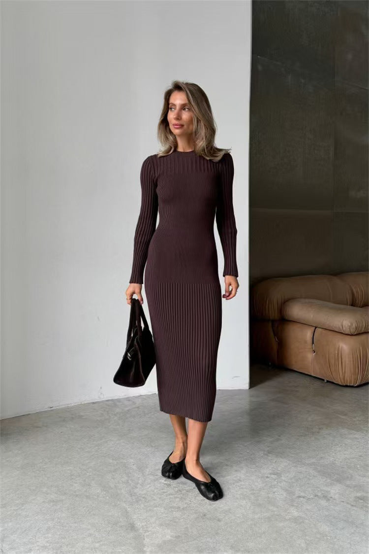 Women's Long Sleeve Dress Knitted Round Neck Sunken Stripe Dresses