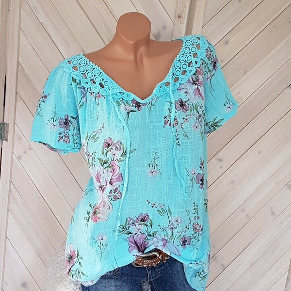 Glamorous Summer Lace Printed Short-sleeved T-shirt Tops
