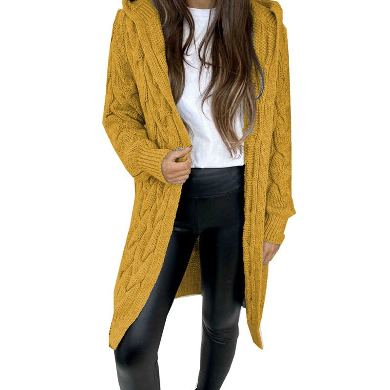 Mid-length Solid Color Twist Hooded Knit Women's Sweater