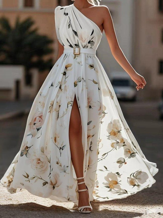 Women's Oblique Shoulder Digital Printing Sleeveless Belt Dresses