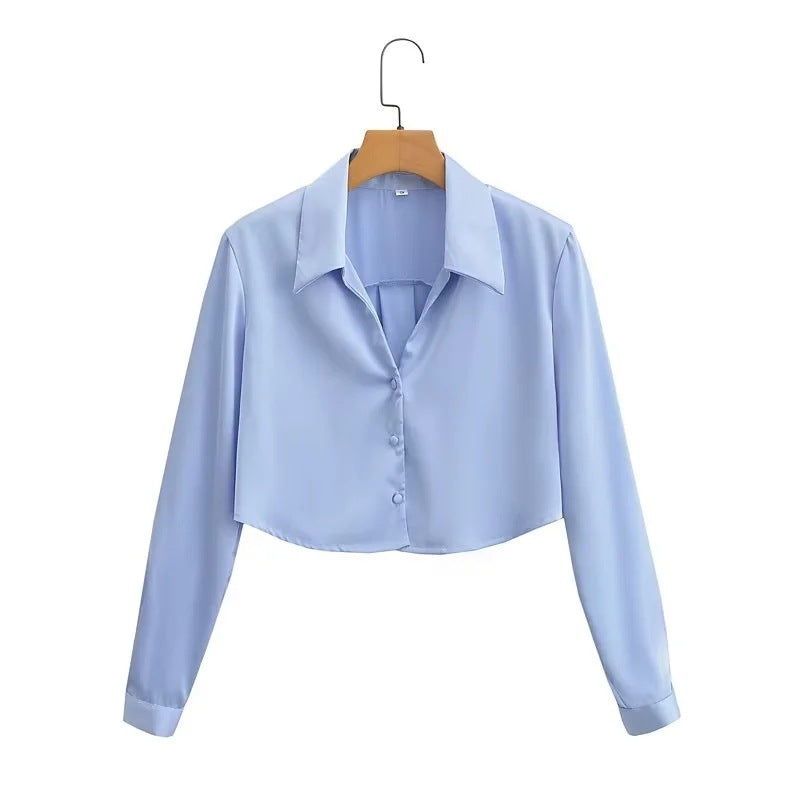 Women's Summer Long-sleeved Satin Silk Shirt Blouses