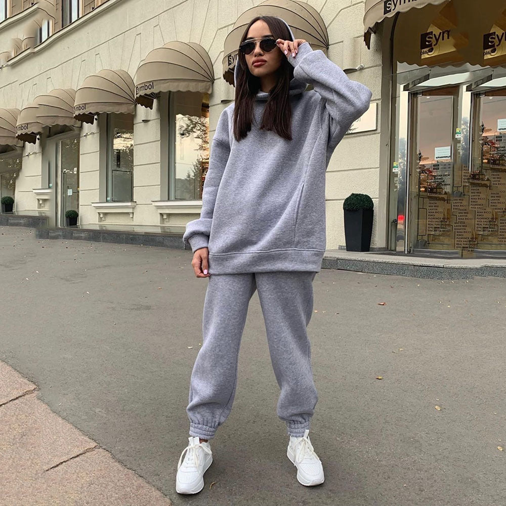 Women's Fashion Solid Color Hooded Casual Two-piece Suits