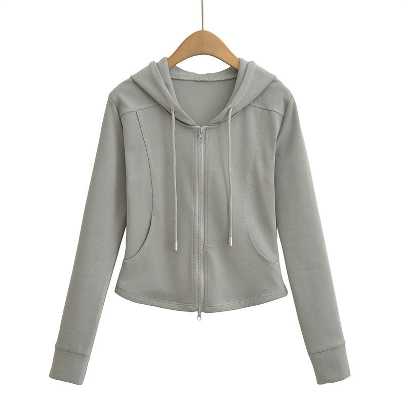 Autumn Fashion Simple Style Double Zipper Hooded Drawstring Tops