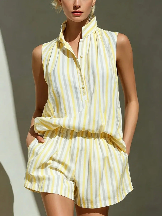 Women's Stand Collar Striped Shirt Elastic Wide Leg Fashion Casual Suit