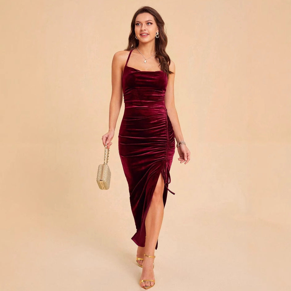 Women's Summer Fashion Wear Elegant Slit Pleated Veet Dress