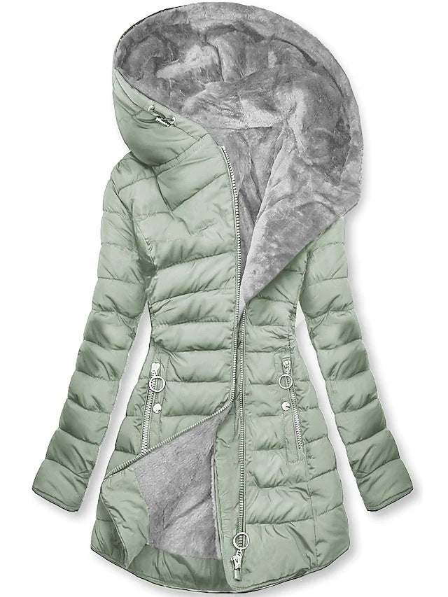Women's Plush Hooded Mid-length Oblique Zipper Coats