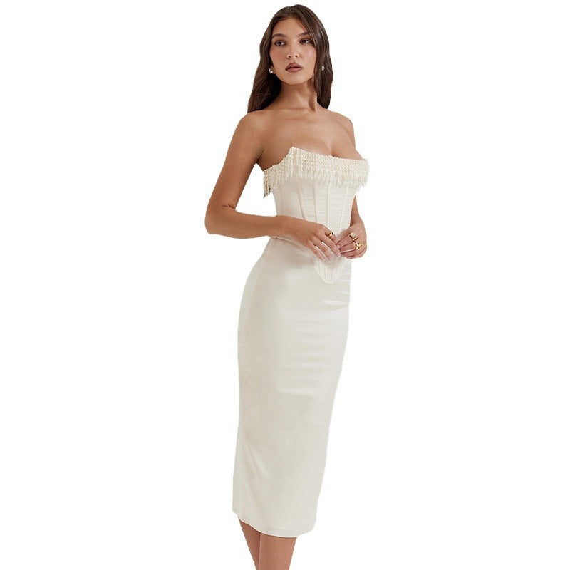 Women's Sexy Solid Color Sleeveless Cold-shoulder Pearl Evening Dresses