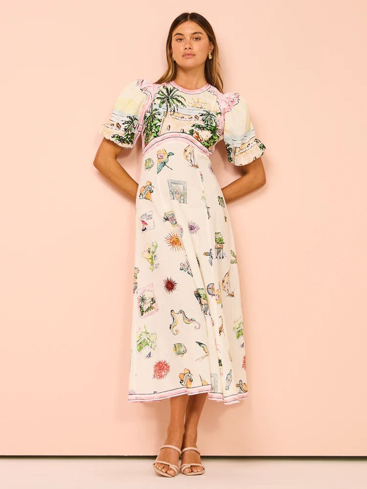 Printing Fashion Puff Sleeve Slim Fit Dresses