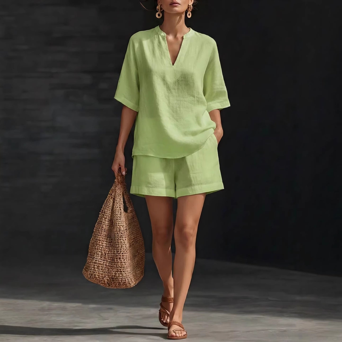 Women's Solid Color Cotton Linen Two-piece Set Fashion Casual Suit