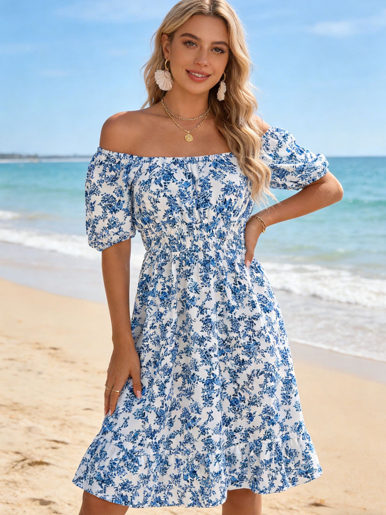 Women's Floral Square Collar Sleeve Ruffled A- Skirts