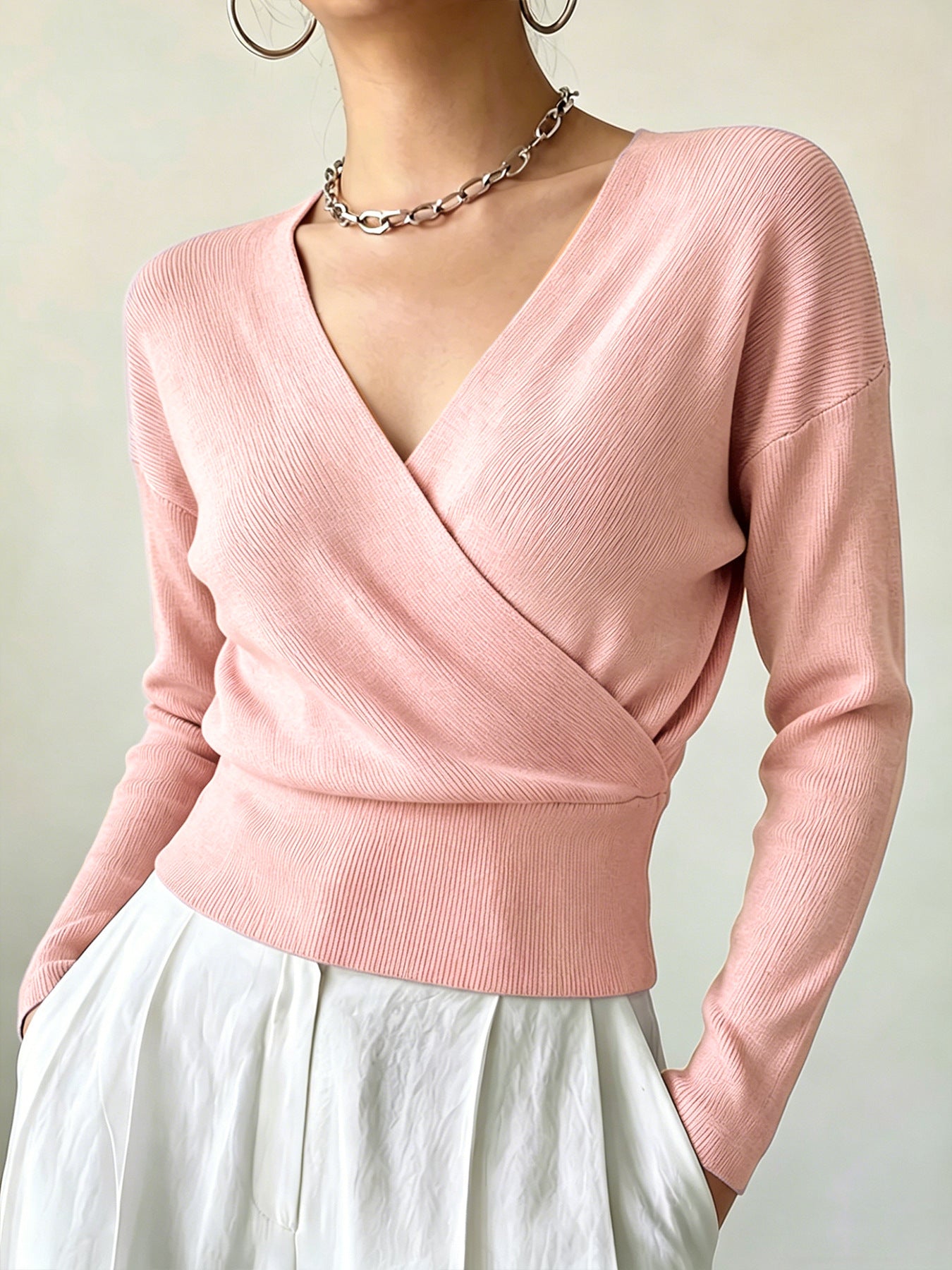 Women's Solid Color Fashion Cross Collar Tight Waist Design Show Figure Sweaters