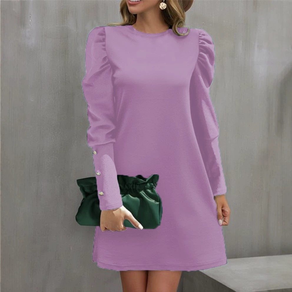 Women's Solid Color Round Neck Slim Bubble Dress