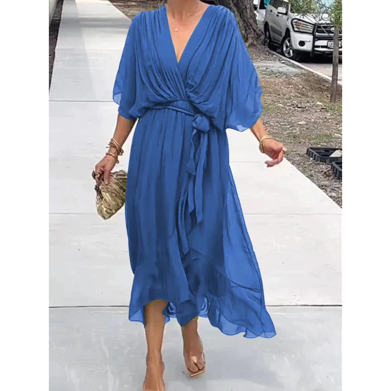 Women's Pure Color Tied Long Batwing Sleeve Dress