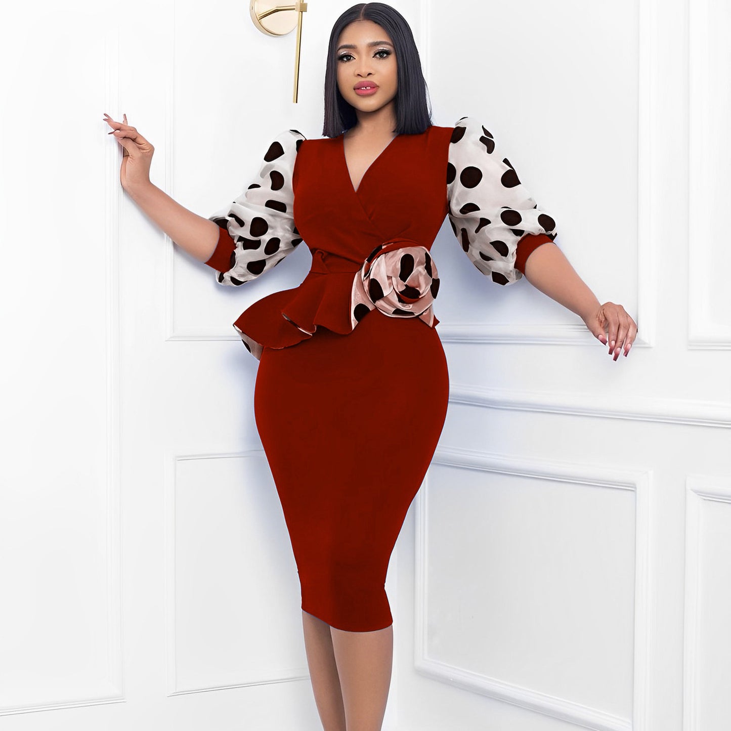 Women's Patchwork Temperament Mesh Puff Sleeve Pencil Dress