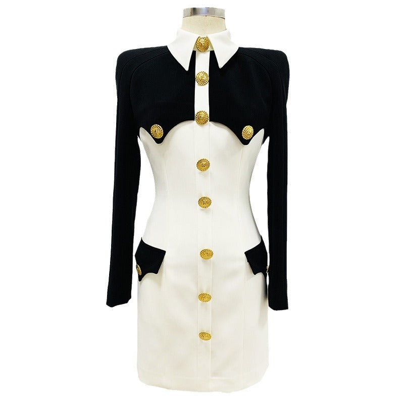 Black White Color Matching Contrast Shirt Collar Slim Dress