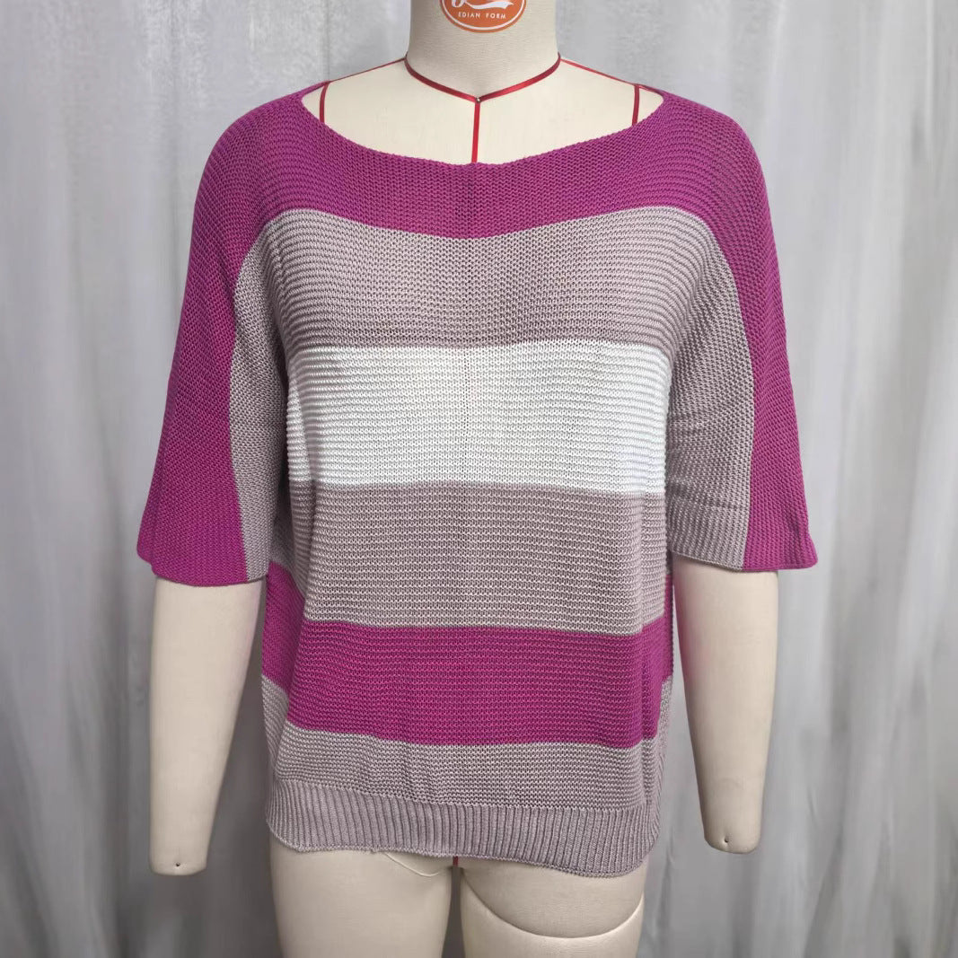Knitted Striped Color Collision Design Drop Shoulder Tops