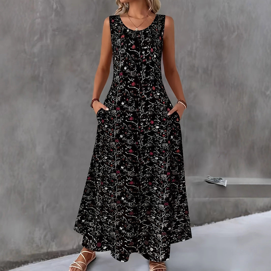 Fashionable Round Neck Sleeveless Printed Elegant Dress